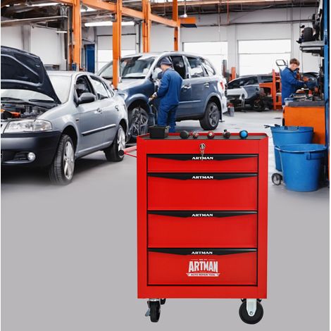 Servante d'atelier 4 tiroirs acier rouge noir OKMYHOME (1/5)