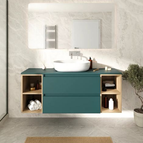 Mobile bagno sospeso 120cm due cassetti con top petrol e due vani a giorno rovere chiaro Hexa (1/4)