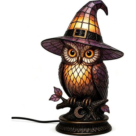 Lampe gothique d'Halloween avec chapeau de sorcière, lampe de table décorative style vintage, veilleuse LED hibou pour chambre, étagère et table (1/5)