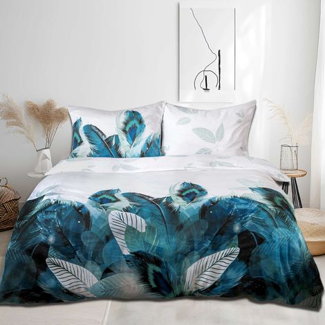 Parure de lit en coton 160x200 cm, surface lisse, motif plumes et feuilles bleues (1/5)