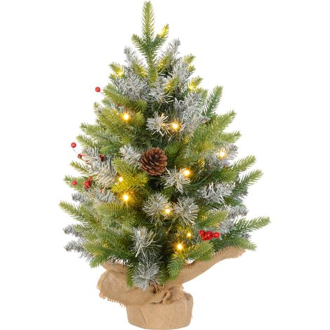 Sapin de Noël de avec 20 lumières LED pliable vert pour salon table LED, branches, pommes pin, grappes baies rouges support métal (1/5)