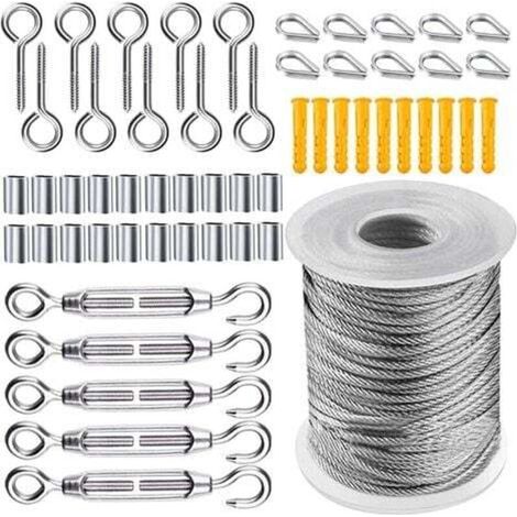 Kit de Câble Métallique, Cable Acier Jardin Tendeur, Corde en Acier Inoxydable à Suspendre Kit, 50m Câble en acier inoxydable revêtu de Nylon pour Corde à Linge Corde de Tente, 56 Pièces - RWEtendoir