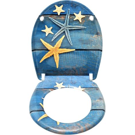 WOLTU Quick Release WC Toilet Seats Soft Close Slow Hinge Attached for Family Bathroom Starfish Blue