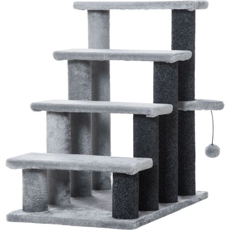 Tiragraffi per gatti 64 cm, 4 livelli, piattaforma, pallina, grigio, truciolare, juta e peluche (1/5)