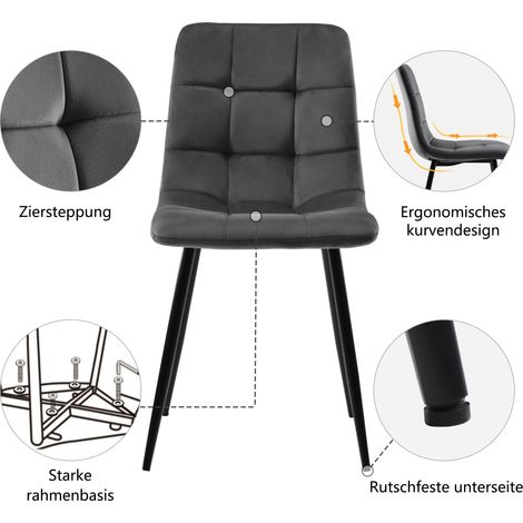 Ensemble table et chaises, 5 pièces, 1 table + 4 chaises, métal et velours, gris foncé (1/5)