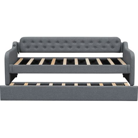 Sofá cama 90 x 200 cm gris de lino con cama nido y puerto USB (1/5)
