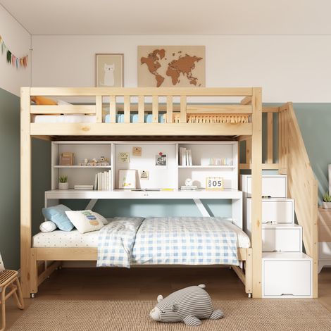 Cama alta infantil 90x200 cm de madera blanca con escritorio móvil, sin colchón – MEUBLIV (1/5)