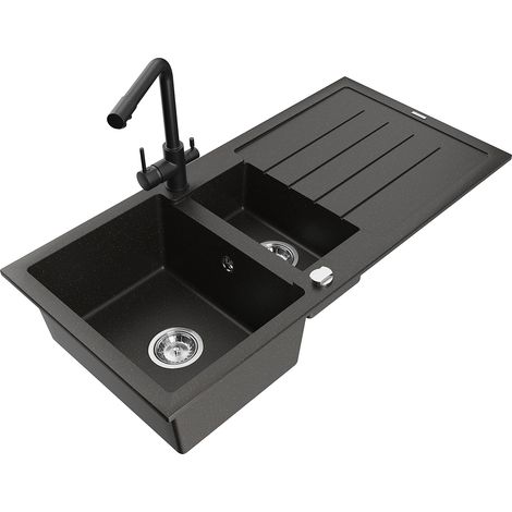 Mexen Andres fregadero de granito de 1,5 senos con escurridor y grifo de cocina Duero, negro/oro - 6515-75-671600-70 (1/5)
