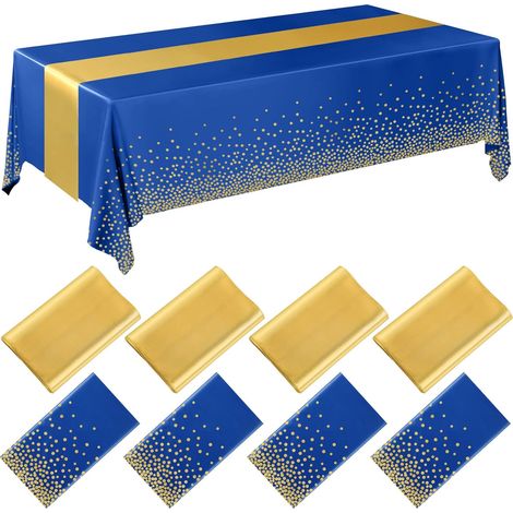 Lot de 4 nappes jetables en plastique noir et argent et chemin de table en satin, nappe de 137 x 274 cm (1/5)