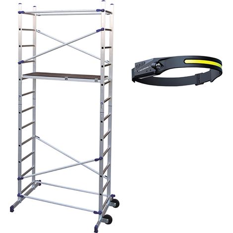 Trabattello domestico - 1 piano - Altezza di lavoro max 4.36m + Lampada frontale - PN/CLI-LAMPE