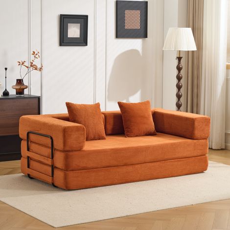 Canapé de sol convertible, canapé-lit de sol avec coussins de soutien lombaire et accoudoirs, canapé-lit futon confortable, tissu velours côtelé, pour salon et chambre, orange (1/5)