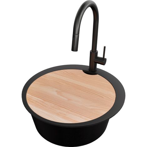 PRIMAGRAN Evier cuisine Granit Rond 53x53cm, Evier 1 bac + Robinet 40x20cm + Kit de Vidage + Accessoire, Lavabo Cuisine au meuble 50cm - Pise Max, Tout Noir (1/5)