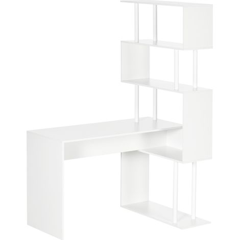 Bureau d'angle en L, poste de travail informatique avec étagères à 4 étages en bois blanc, 120 x 80 x 176 cm (1/5)