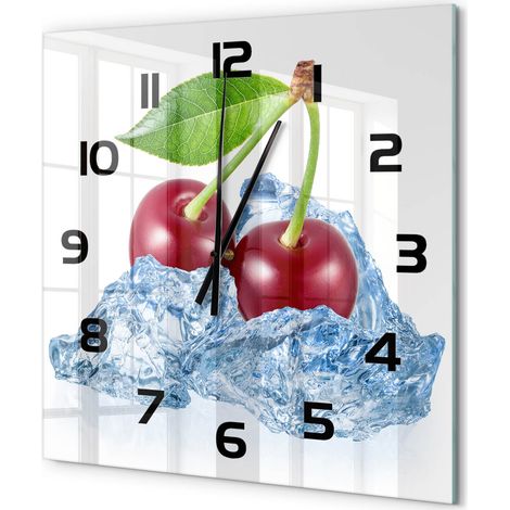Grande Horloge Murale Carrée Déco Salon Verre Trempé Silencieuse Design Contemporain Cerise avec de la glace 60x60 cm (1/5)