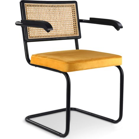 Esszimmerstuhl mit Armlehnen - mit Samt gepolstert - Holz und Rattan - Puila Senf
