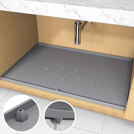 Tapis sous évier AECHY, 86 x 56 cm, en silicone avec trou d'évacuation unique, imperméable et flexible, pour cuisine, salle de bain et buanderie (gris). (1/5)