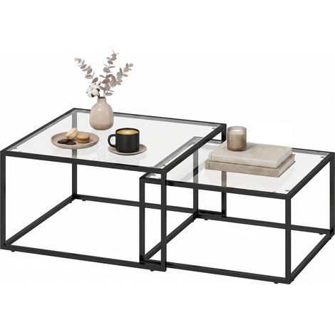 Tables basses gigognes rondes, lot de 2, avec plateaux en verre trempé et structure en métal, pour salon, noires (1/5)