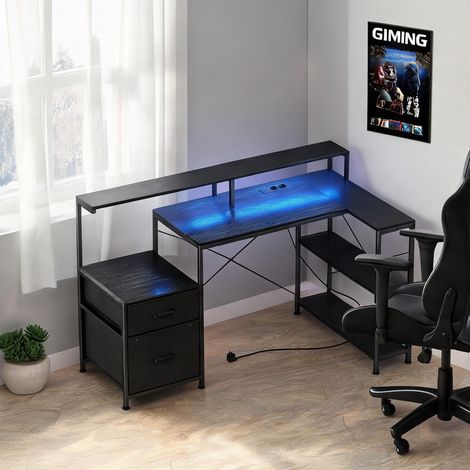 Bureau gamer en L avec LED et prises support double écran noir (1/5)