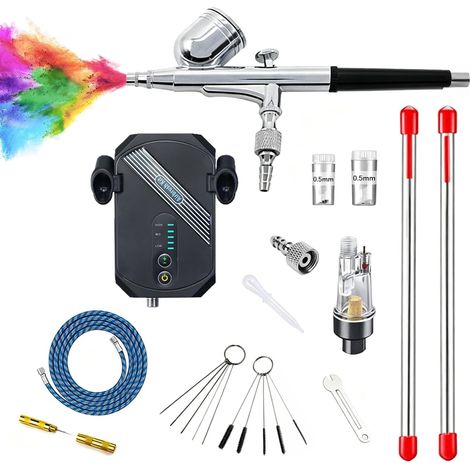 Kit Aérographe avec Compresseur Portable,3Pression d'Air Réglables 28-48PSI 3 Buses (0,2/0,3/0,5 mm) – Aérographe Double Action 12W pour Modélisme, Maquillage, Nail Art & Décoration de Gâteaux (1/5)