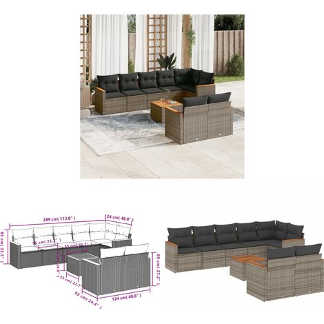Salon de jardin 9 pcs avec coussins gris résine tressée - Ensemble Salon De Jardin - Meuble Extérieur - Jardin - Canapé D'extérieur - Set Salon - Home & Living (1/3)