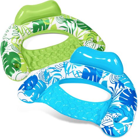 Lot de 2 fauteuils gonflables pour adultes avec porte-gobelet, matelas flottant, idéal pour les fêtes à la piscine et l'été (Bleu ciel + Vert gazon) (1/5)
