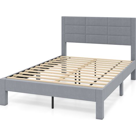Cadre de Lit Double, Sommier Tissu Velouté avec Tête de Lit, Support Lattes en Bois, Patins Réglables, 200 x 140 cm, Charge 250 kg, Gris, Style 4 (1/2)