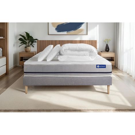 Pacchetto letto completo - Materasso 140x190cm + Box spring con doghe (in kit) + 2 cuscini + Piumino - Actiflex Soft