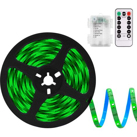 Tira de LED a pilas con mando a distancia, luz verde, 8 modos, intensidad ajustable, temporizador, autoadhesiva, recortable, resistente al agua, 3 m (9,8 pies). (1/5)