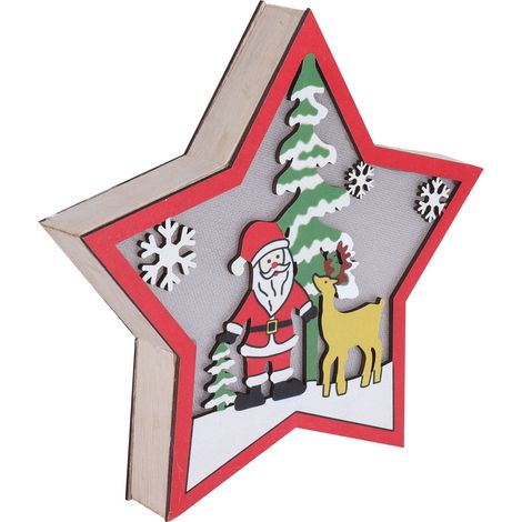 Décoration de Noël en bois en forme d'étoile avec lumière LED, idéale pour les étagères et la table.