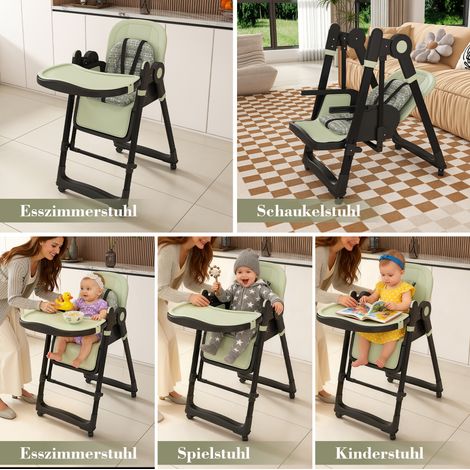 Chaise de repas bébé 2-en-1, mode balancelle, harnais 5 points, roues freinables, plateau amovible, pliable et hauteur ajustable, vert foncé (1/5)