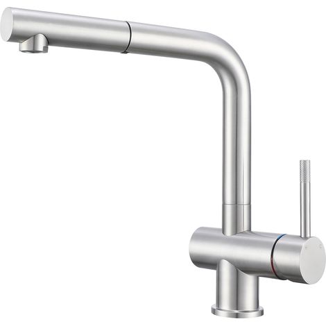 Robinet mitigeur de cuisine extensible avec douchette extractible - Mitigeur monocommande - 1 trou - En acier inoxydable brossé (1/5)