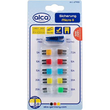 alca® Kfz Micro 2 Sicherungen 5 - 30 A 10 St. Blister Auto Sicherungen 10er Set Standard Stecksicherungen Flachsicherungen Motorrad Wohnwagen