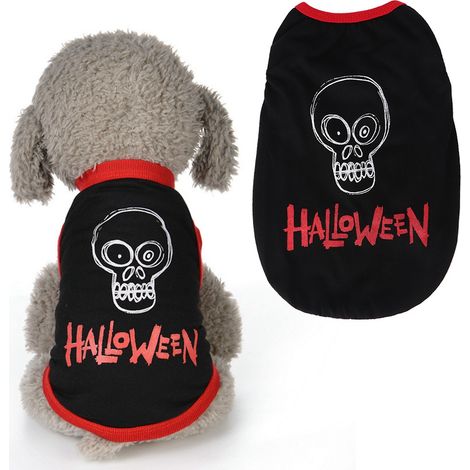 Gilet noir en polyester imprimé tête de mort, déguisement amusant pour animaux de compagnie (chiens et chats), idéal pour Halloween. (1/5)