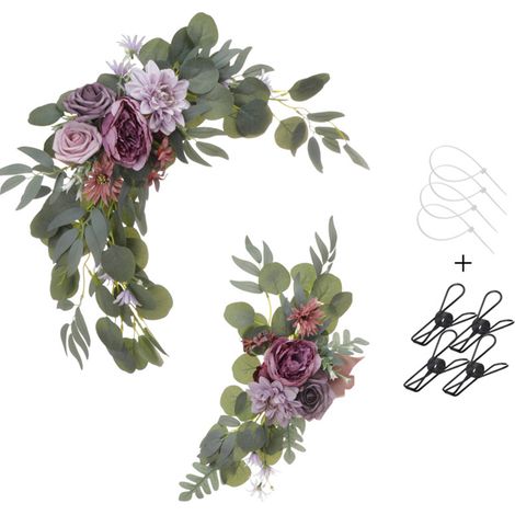 Set aus lila künstlichen Blumengirlanden für Hochzeitsbögen, Willkommensschilder und Zeremoniendekoration. (1/2)
