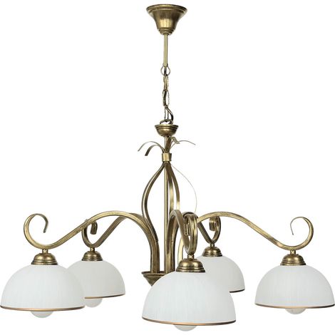 Plafonnier Or Antique Blanc Abat-jour Verre 5 flammes