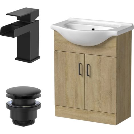 650mm Oak Bathroom Vanity Unit Basin Freestanding Black Waterfall Tap & Waste (1/5)