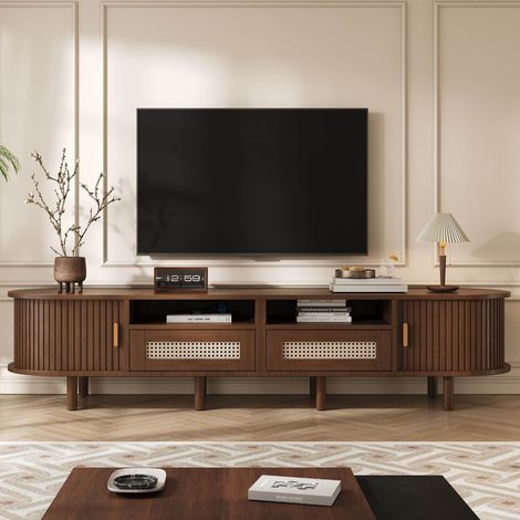 Meuble TV  ovale 170x40x40cm noyer avec 2 tiroirs en rotin et 2 portes coulissantes pour écran jusqu'à 70" noyer Marron