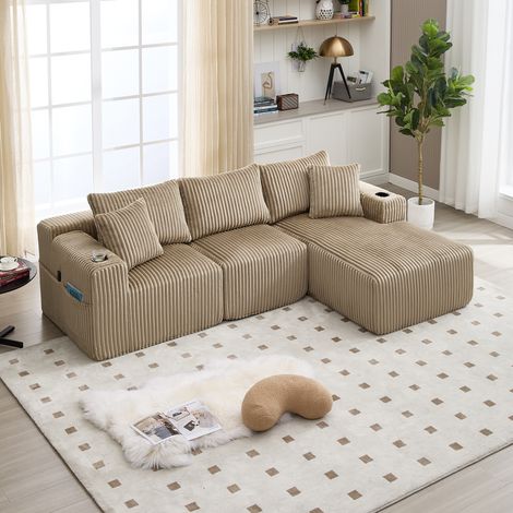 Canapé con chaise longue modular de pana caqui 257 x 90-160 x 62 cm, con portavasos y 5 cojines