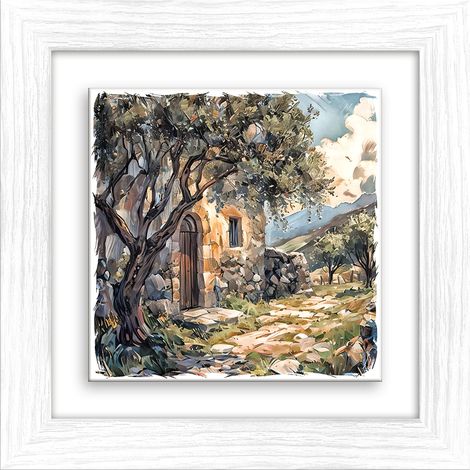 Lupia - Quadro moderno con paesaggi e localismi italiani, Ceramica e Stampa Rilievo, Cornice Legno Shabby Modern bianca, Decorazione Parete, Quadretti Soggiorno, 29x29 cm, PUGLIA PAESAGGIO SALENTINO (1/4)