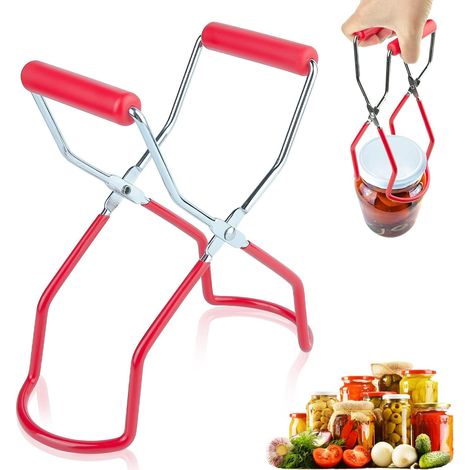 Pinzas para tarros, pinzas antiescaldaduras, pinzas para levantar vidrio. Pinzas de acero inoxidable con asa para un agarre seguro de tarros de conserva (rojas). (1/5)