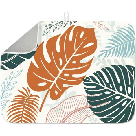 1 tapis de séchage à vaisselle motif feuilles tropicales 60 x 45 cm en microfibre polyester coton motif feuilles botaniques absorbant, résistant à la chaleur, accessoire de cuisine avec boucle (1/5)