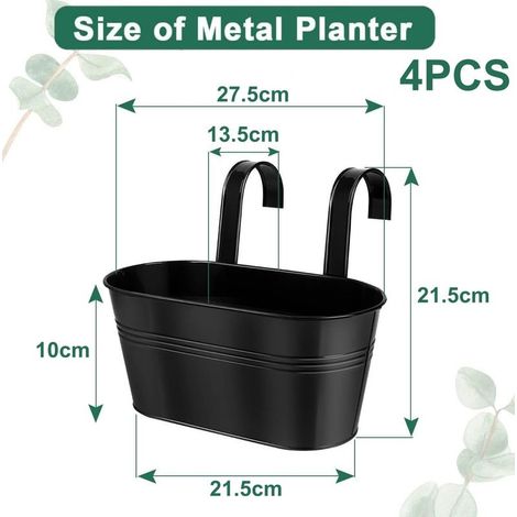 4 Pièces Pots de Fleurs Suspendus en Métal, 27.5CM Grands Pots de Plantes Seau à Fleurs Suspendu avec Crochet Amovible pour Balcon Clôture Jardin Maison Décor (Noir) (1/5)