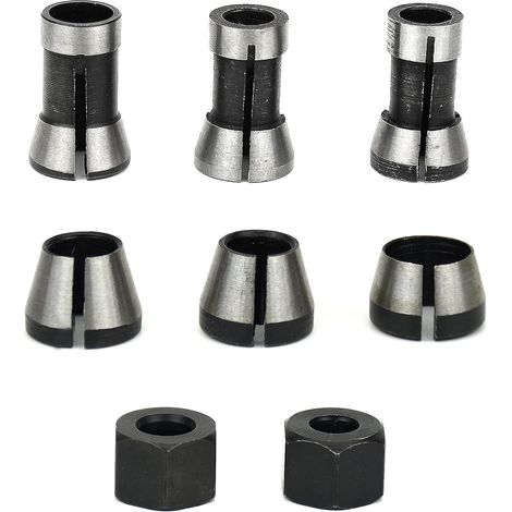6Pcs Mandrin de Fraiseuse, 6 mm 6.35 mm 8 mm Collet Mandrin Affleureuse, Mandrin de Fraise à Bois, Pince de Serrage Defonceuse, Adaptateurs de Pince pour Machine à Graver +2 Écrous (1/5)