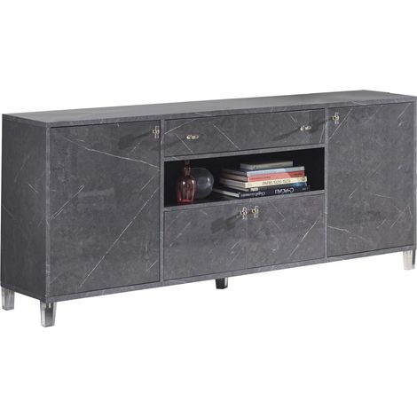 Buffet 4 portes 1 tiroir bois gris effet marbre vernis Botela 190cm (1/4)