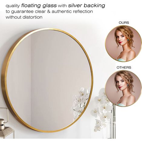 Espejo de pared Ohjijinn, redondo de 60 cm con marco de aluminio cepillado dorado para entrada, baño, aseo, sala de estar y dormitorio. (1/4)