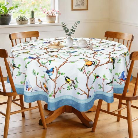Nappe ronde Ø 180 cm motif oiseaux, lavable, bleu