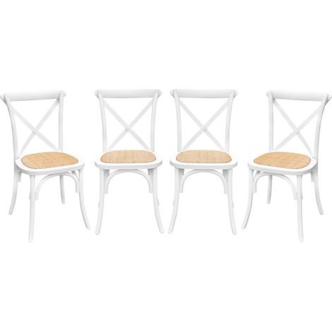 Set of 4 vintage white wood bistro chairs with rattan seats, stackable