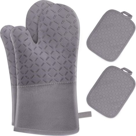 Set di 4 guanti da forno/presine da cucina - Guanti da forno resistenti al calore fino a 300 °C, guanti in silicone antiscivolo, in morbido cotone, lunghi 32 cm e flessibili, colore grigio. (1/4)
