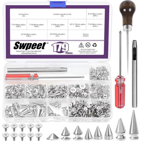 179 set 8 tailles argent pointes coniques avec bouchon à gratter tournevis poinçonnage combo Kit, punk Spikes et Spikes Metal Tree Spikes bullet Spikes Spikes vis punk costume Craft DIY (1/5)