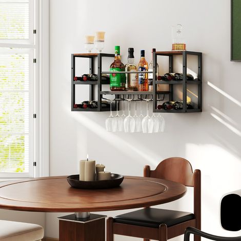 Porte-Bouteilles Mural avec Porte-Verres Cadre Métallique pour 8 Bouteilles avec Étagère Ouverte Présentoir 3 Niveaux Marron Rustique (1/3)